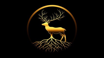 Golden deer silhouette within a circle, rooted on dark background