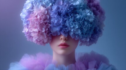 A woman with lips visible is adorned with a headpiece of blue and pink hydrangea flowers, creating a dreamy, ethereal look against a soft purple background.