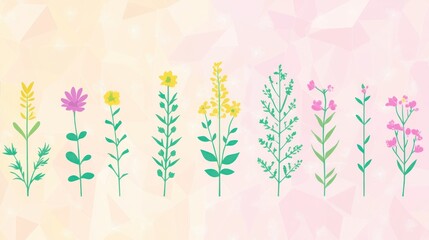 Colorful stylized wildflowers arranged in a horizontal row against a soft, polygonal background