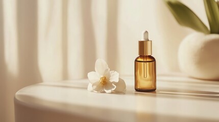 Amber dropper bottle, white flower, soft sunlight