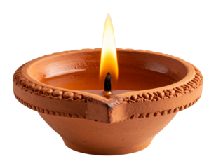 Traditional Clay Diya with Flickering Flame, Front View, Isolated PNG