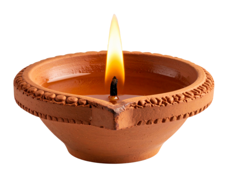 Traditional Clay Diya with Flickering Flame, Front View, Isolated PNG - Powered by Adobe