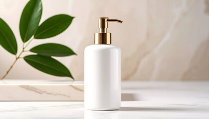 A sleek, white pump bottle with a gold top, placed on a marble surface with greenery.