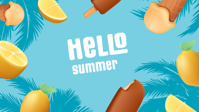 Colorful Summer background layout banners design. Horizontal poster, greeting card, header for website. Summer time sale or hello summer poster with lemons, palm trees and ice cream. Blue sea color