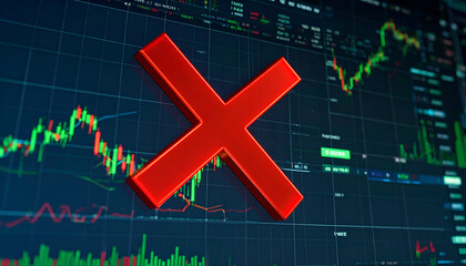 A stock market chart with a red 'X' symbol, indicating a negative trend or warning.