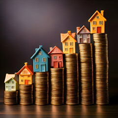 A visual representation of real estate growth with houses and stacked coins.