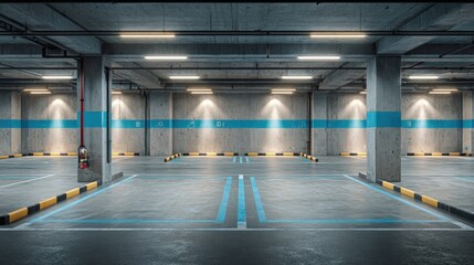 Empty underground parking garage with blue lines and bright lighting, featuring concrete pillars and a fire extinguisher on the wall.