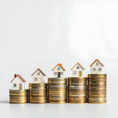 Model houses on stacks of coins, symbolizing real estate investment and financial growth.