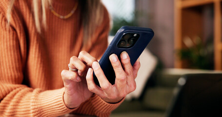 Hands, phone and scroll on sofa in living room with notification, contact or texting on web in...