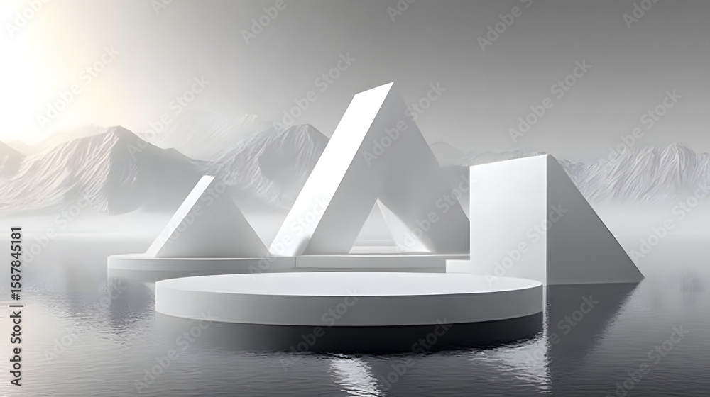 Poster d renders abstract minimalist geometric white background with triangles and reflections in the water
