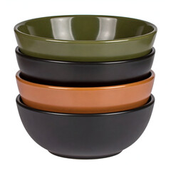 Stacked bowls in various colors, suitable for serving food or decorative purposes.