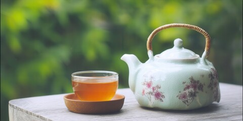 Fototapeta premium Enjoy a moment of peace with a cup of tea and a beautiful floral teapot.