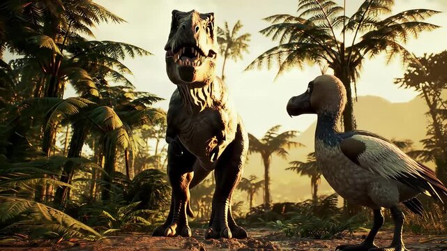 T-Rex, Dodo, sunset, jungle, game art