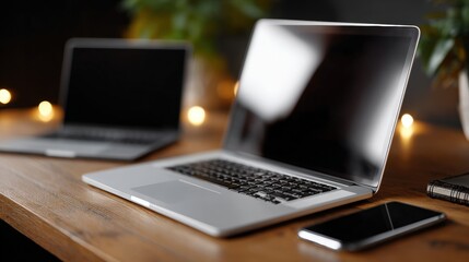 A sleek laptop and smartphone on a wooden desk, surrounded by warm lighting, creating a cozy and modern workspace ambiance.