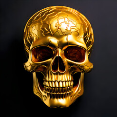 A shiny golden skull with a textured surface against a dark background.