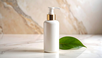 A sleek white pump bottle beside a green leaf on a marble surface, ideal for skincare.