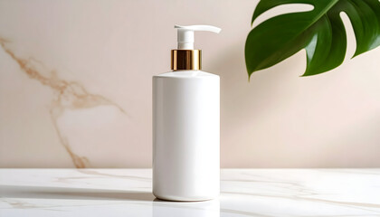 A sleek white pump bottle on a marble surface, ideal for skincare or beauty products.