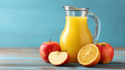 A glass pitcher of orange juice surrounded by fresh apples and a halved orange on a wooden table against a blue background.