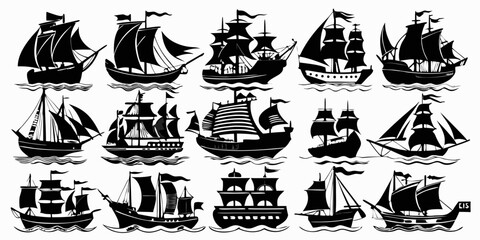 Collection of Silhouette Sailing Ships on Water Nautical Vessels of Different Designs Pirate Ships Black and White Vector Illustration