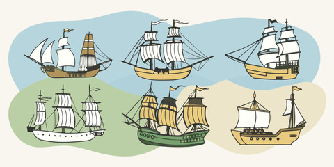 Collection of Hand Drawn Vintage Sailing Ships with Different Designs and Colors on a Light Blue and Green Background