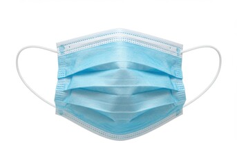 A single light blue disposable surgical face mask with white ear loops isolated on white