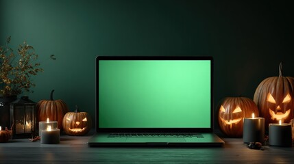 A laptop with a green screen surrounded by carved pumpkins and candles, creating a spooky Halloween atmosphere on a wooden table.