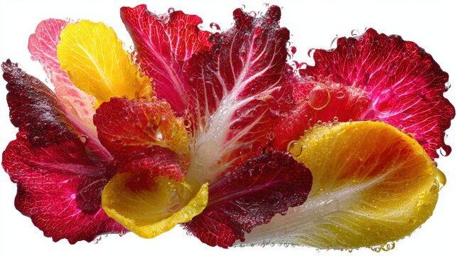 Close-up of vibrant red, yellow, and pink lettuce leaves covered in water droplets, showcasing freshness and texture.