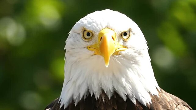 Closeup of a bald eagles head featuring its yellow beak and eye against a blurred green background