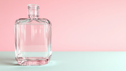 Clear glass bottle on a pastel pink and mint background, showcasing minimalist design and elegance.