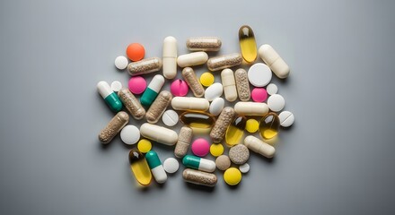 Pills and Capsules A Colorful Array of Medications for Health and Wellness on a Gray Surface