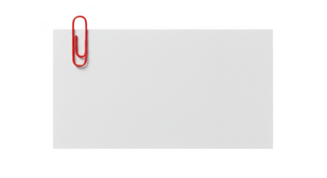 A single red paperclip attached to a white piece of paper isolated on transparent background