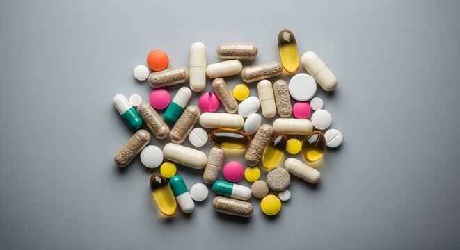 Pills and Capsules A Colorful Array of Medications for Health and Wellness on a Gray Surface