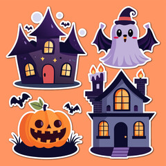 Cute Halloween Stickers Featuring Haunted Houses a Ghost Bats and a Smiling Pumpkin collection