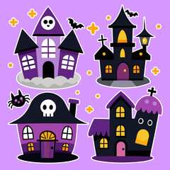 A big collection of Collection of halloween stickers. Spooky haunted house with cute ghost 