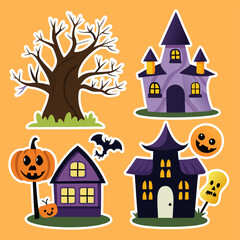 Cartoon Halloween Stickers Featuring Haunted Houses a Tree Pumpkins a Bat and a Skull