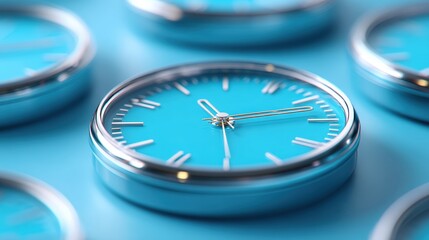 Close-up of multiple blue clocks with silver frames, focusing on one clock, symbolizing time management and punctuality in a modern design.