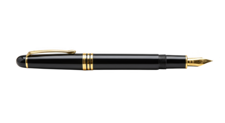 Elegant black fountain pen with gold accents isolated on transparent background