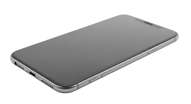 A silver smartphone with a dark screen is displayed on a white background at a slight angle.