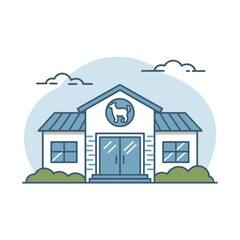 Flat vector illustration of a light blue and white veterinary clinic building icon featuring a goat logo a dark blue roof and simple landscaping against a light blue sky background