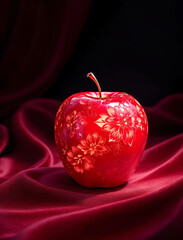 Artistic carved red apple on velvet with floral design and dramatic spotlight
