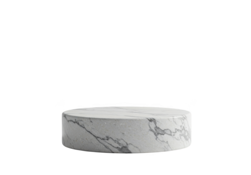 A realistic white marble cylinder podium with grey veins isolated on transparent background