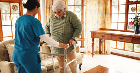 Senior woman, caregiver and healthcare with walker in retirement home for mobility or assisted...