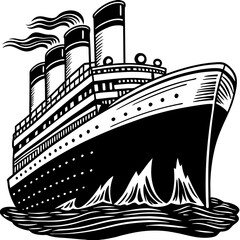 Monochrome Illustration of a Large Passenger Ship Sailing on the Open Sea with Smoke Coming from the Funnels