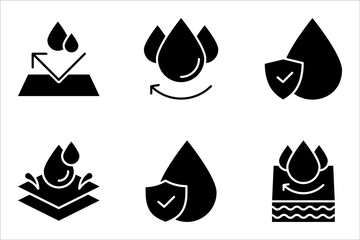 Waterproof icon set. Collection of water resistant signs, liquid proof protection. Shield with water drop. Anti wetting material, hydrophobic fabric, surface protection,  vector illustration on white 