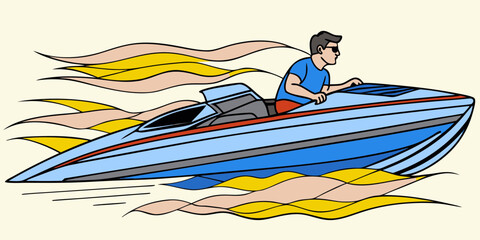 Cartoon Illustration of a Man Driving a Speedboat with Stylized Water and Wind Effects on a Light Background