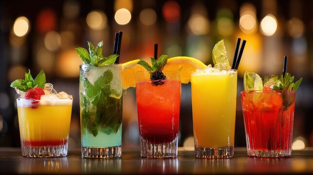 A vibrant lineup of five colorful cocktails garnished with fruits and herbs, set against a blurred bar background, creating a lively and refreshing atmosphere. - Powered by Adobe