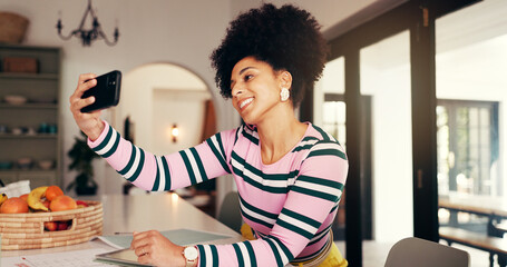 Woman, smile or selfie in home for social media, remote work blog or online connectivity. African...