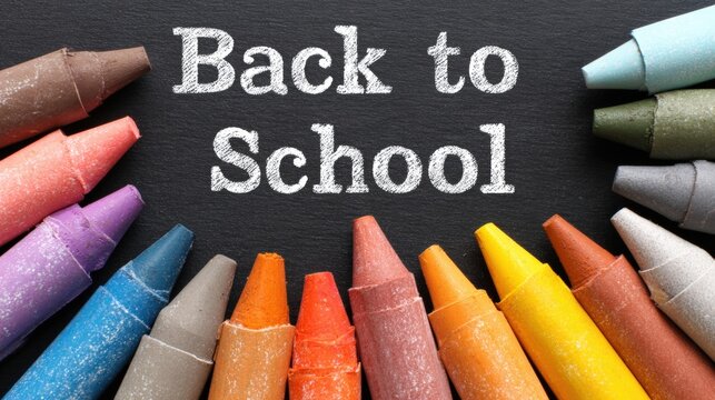 A colorful arrangement of crayons encircles the words "Back to School" on a blackboard, symbolizing creativity and education. - Powered by Adobe