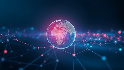 Obraz premium Global Network Connectivity and Digital Communication Concept with Glowing Earth Sphere and Interconnected Data Points on Dark Blue Background