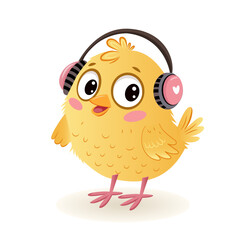 A cute chick is listening to music with headphones. A hand-drawn character on a white background. Vector illustration